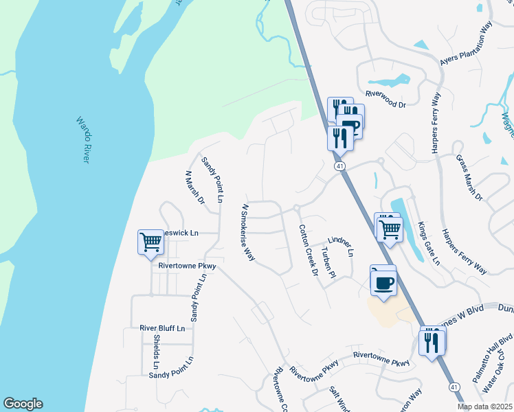 map of restaurants, bars, coffee shops, grocery stores, and more near 1833 North Smokerise Way in Mount Pleasant