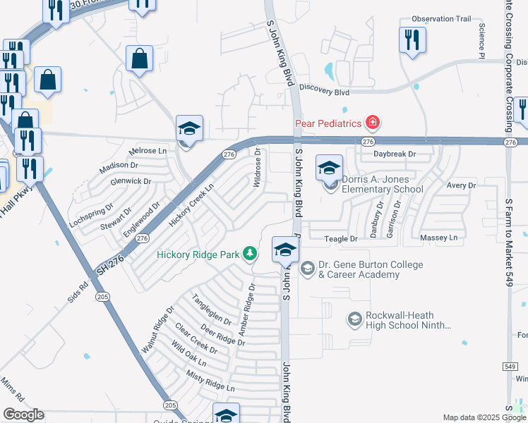 map of restaurants, bars, coffee shops, grocery stores, and more near 1685 Chesterwood Drive in Rockwall