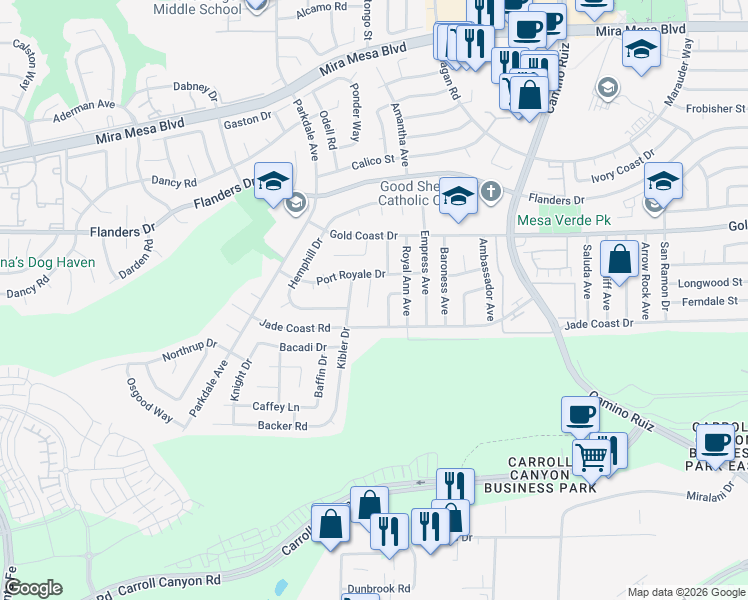 map of restaurants, bars, coffee shops, grocery stores, and more near 10181 Mayor Circle in San Diego