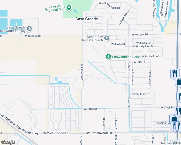 map of restaurants, bars, coffee shops, grocery stores, and more near 951 West Moon Shadow Drive in Casa Grande