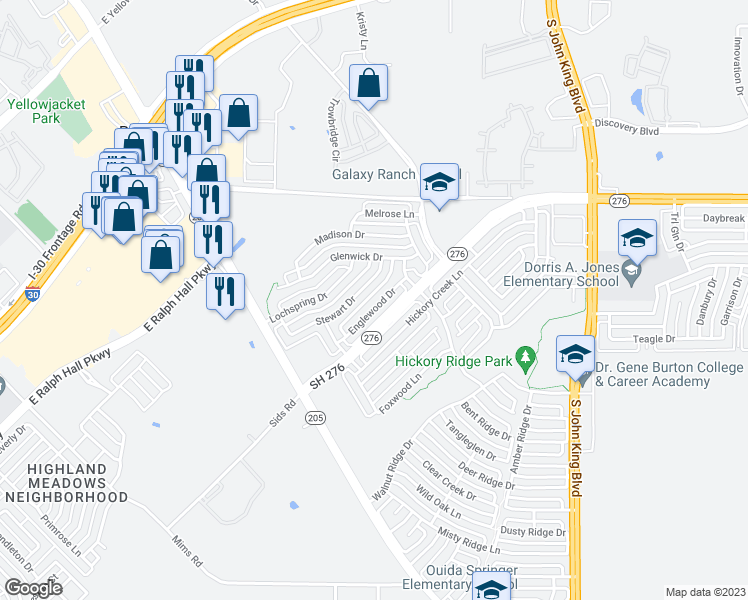 map of restaurants, bars, coffee shops, grocery stores, and more near 1528 Englewood Drive in Rockwall