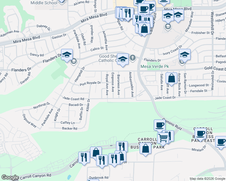 map of restaurants, bars, coffee shops, grocery stores, and more near 10168 Empress Avenue in San Diego