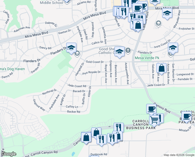 map of restaurants, bars, coffee shops, grocery stores, and more near 10181 Mayor Circle in San Diego