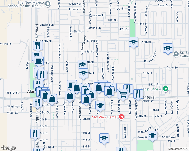 map of restaurants, bars, coffee shops, grocery stores, and more near 1211 Hawaii Avenue in Alamogordo