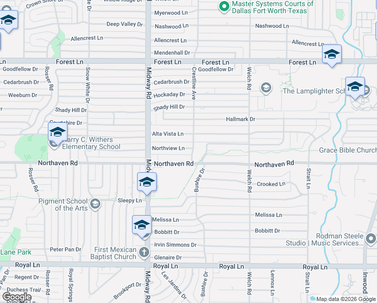 map of restaurants, bars, coffee shops, grocery stores, and more near 4340 Northview Lane in Dallas