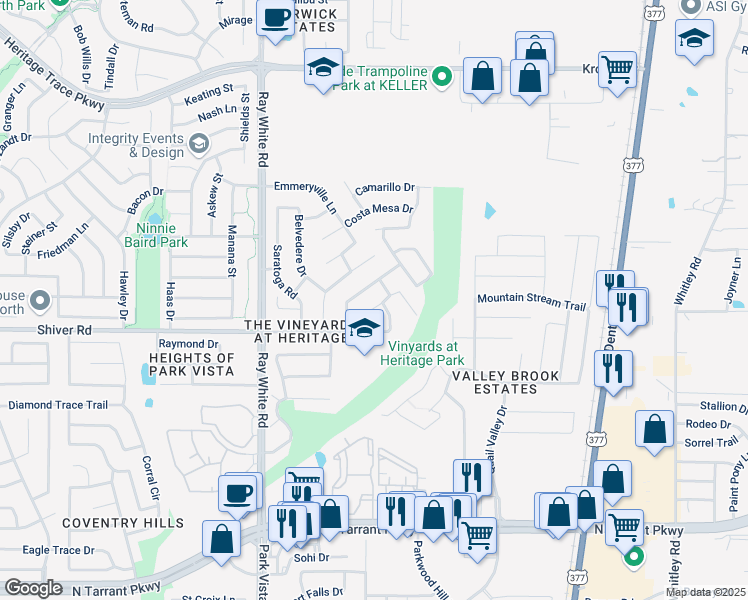 map of restaurants, bars, coffee shops, grocery stores, and more near 5421 Scotts Valley Street in Fort Worth