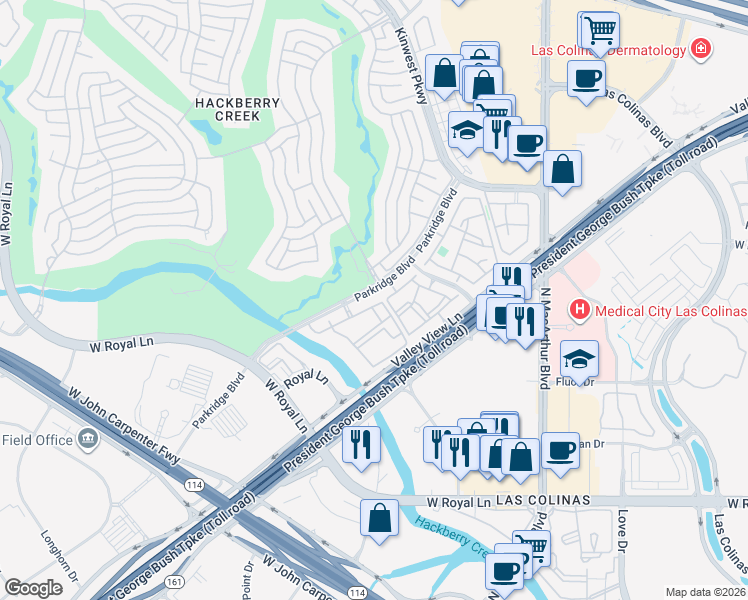 map of restaurants, bars, coffee shops, grocery stores, and more near 6920 Parkridge Boulevard in Irving