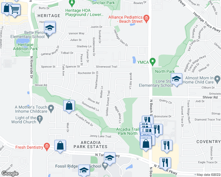 map of restaurants, bars, coffee shops, grocery stores, and more near 9008 Golden Sunset Trail in Fort Worth