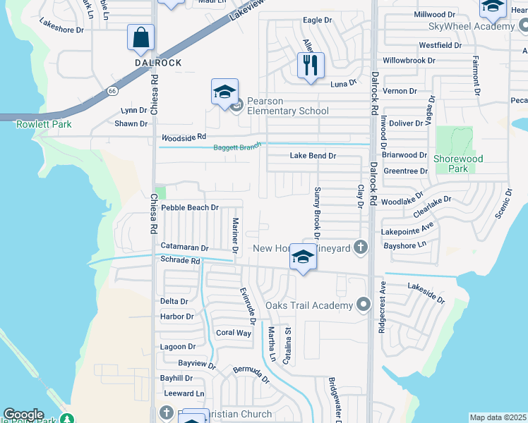 map of restaurants, bars, coffee shops, grocery stores, and more near 8017 Martha Lane in Rowlett