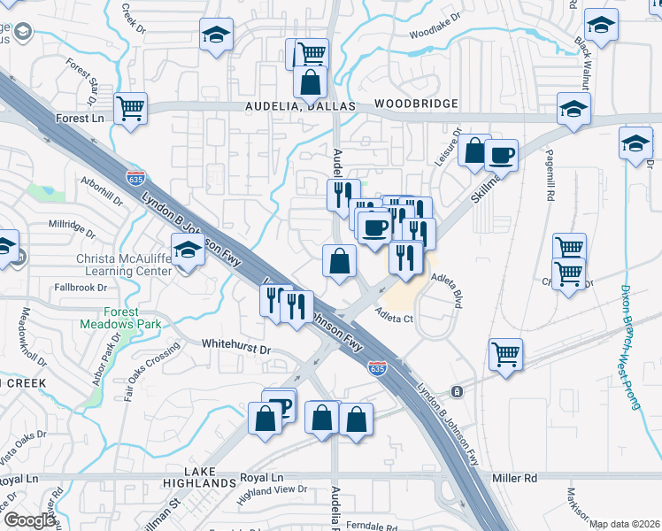 map of restaurants, bars, coffee shops, grocery stores, and more near 11311 Audelia Road in Dallas