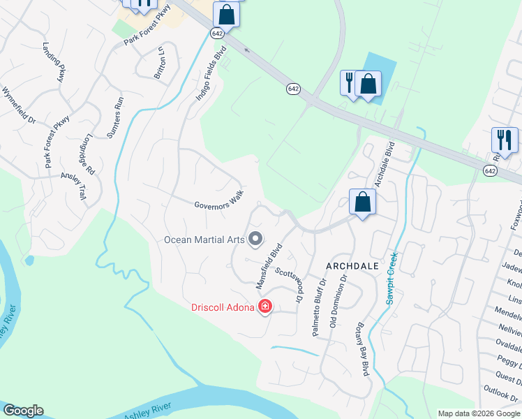 map of restaurants, bars, coffee shops, grocery stores, and more near 104 Excaliber Place in Charleston