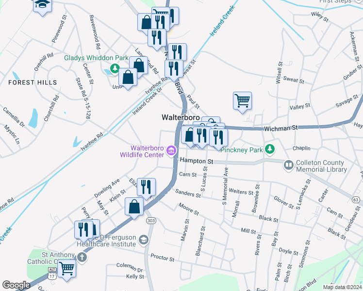 map of restaurants, bars, coffee shops, grocery stores, and more near 101 Hampton Street in Walterboro