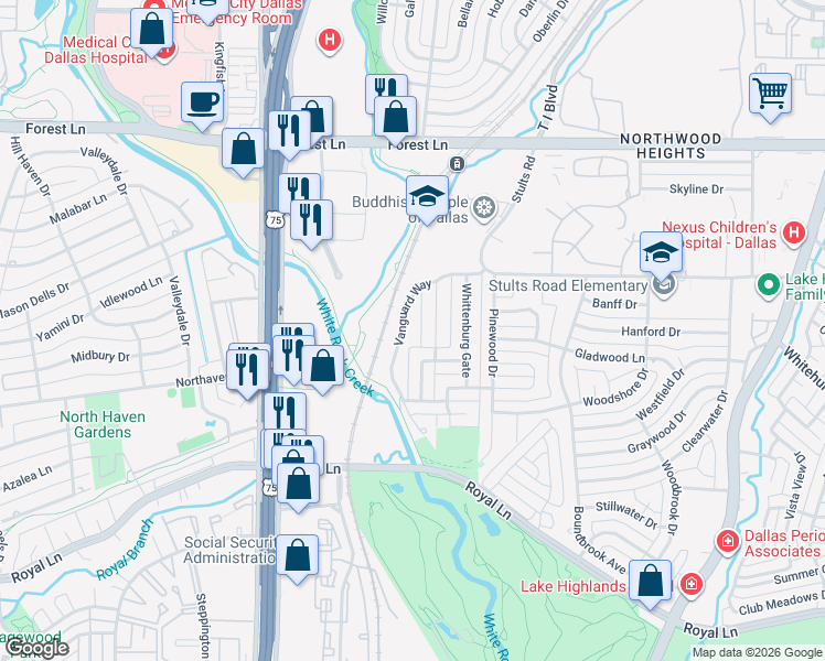 map of restaurants, bars, coffee shops, grocery stores, and more near 9247 Markanne Drive in Dallas