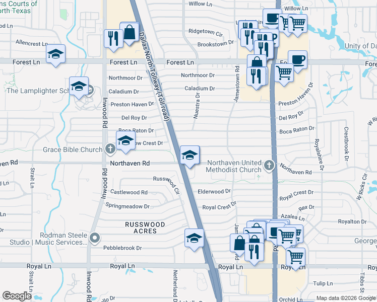 map of restaurants, bars, coffee shops, grocery stores, and more near 5605 Northaven Road in Dallas