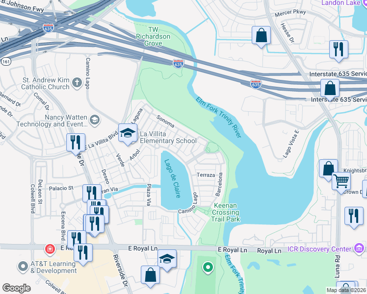 map of restaurants, bars, coffee shops, grocery stores, and more near 815 Valencia Boulevard in Irving