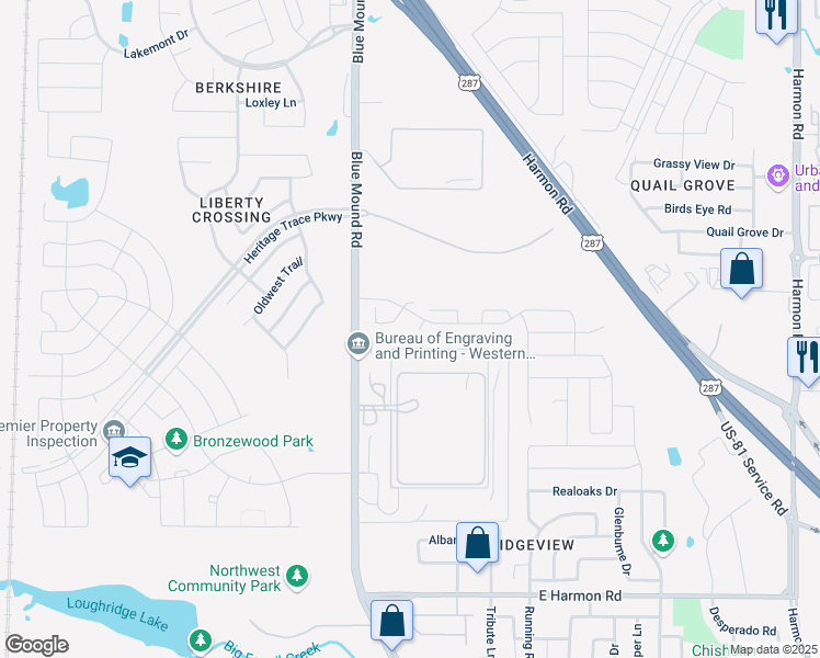 map of restaurants, bars, coffee shops, grocery stores, and more near 9208-9226 Blue Mound Road in Fort Worth