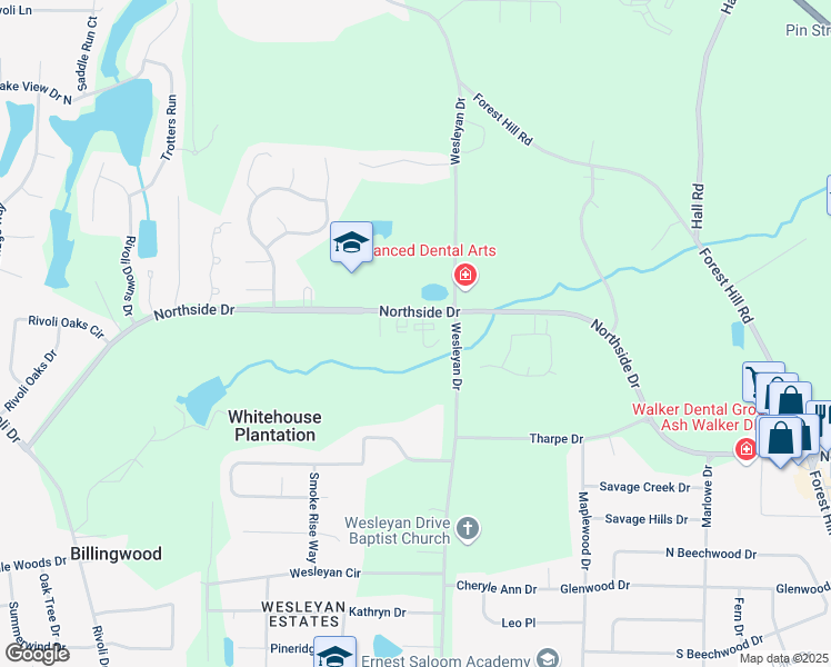 map of restaurants, bars, coffee shops, grocery stores, and more near 113 Braxton Drive in Macon