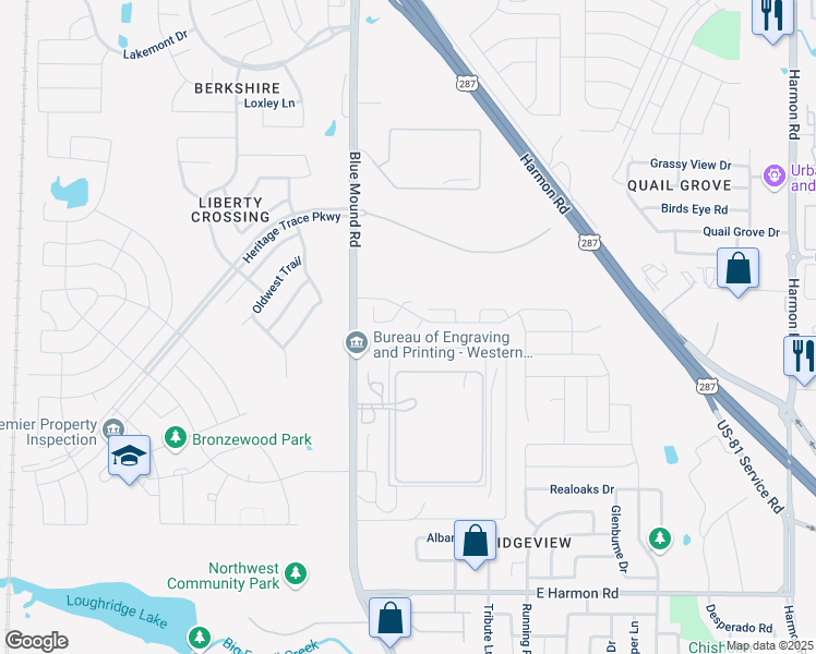 map of restaurants, bars, coffee shops, grocery stores, and more near 9208-9226 Blue Mound Road in Fort Worth