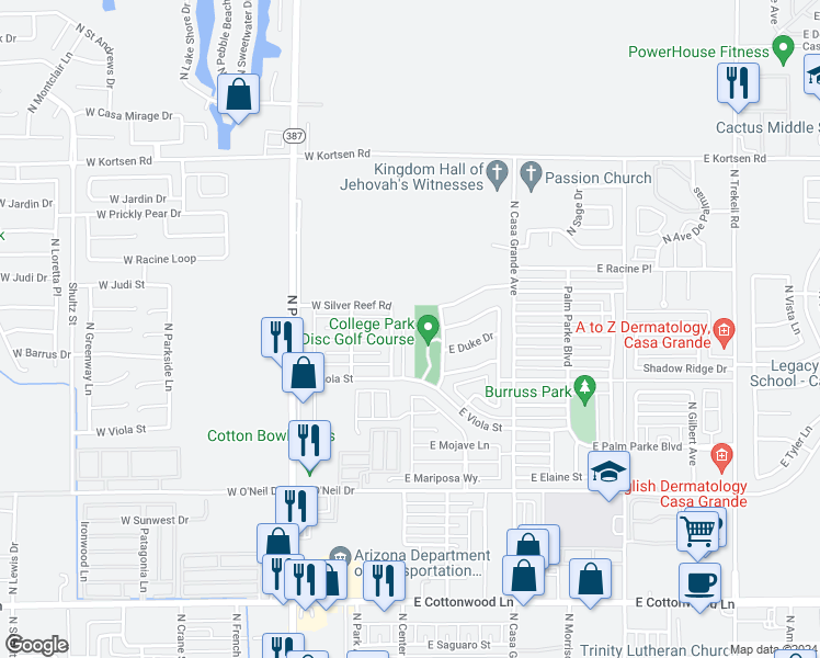 map of restaurants, bars, coffee shops, grocery stores, and more near 1850 North Center Avenue in Casa Grande