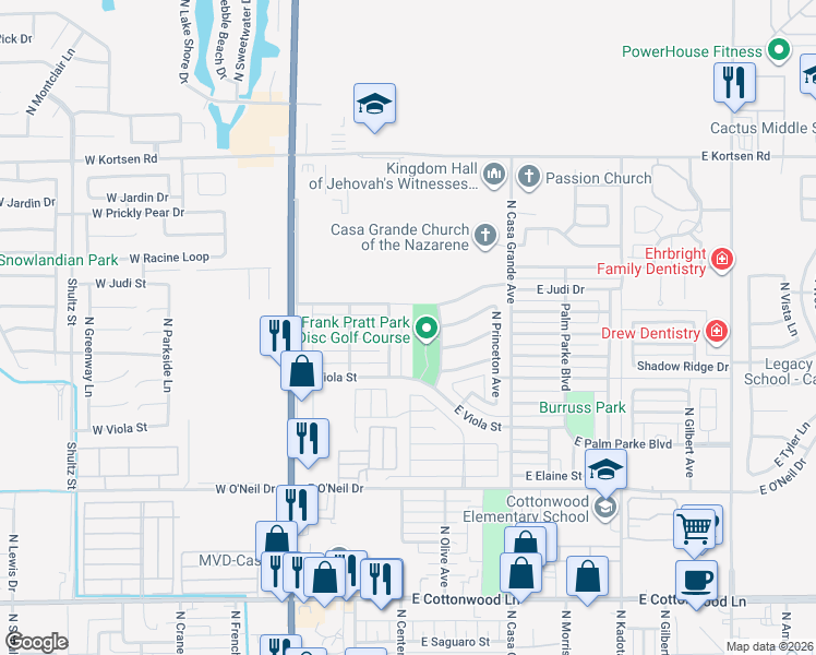 map of restaurants, bars, coffee shops, grocery stores, and more near 1850 North Center Avenue in Casa Grande