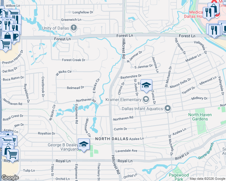 map of restaurants, bars, coffee shops, grocery stores, and more near 11325 Chicot Drive in Dallas