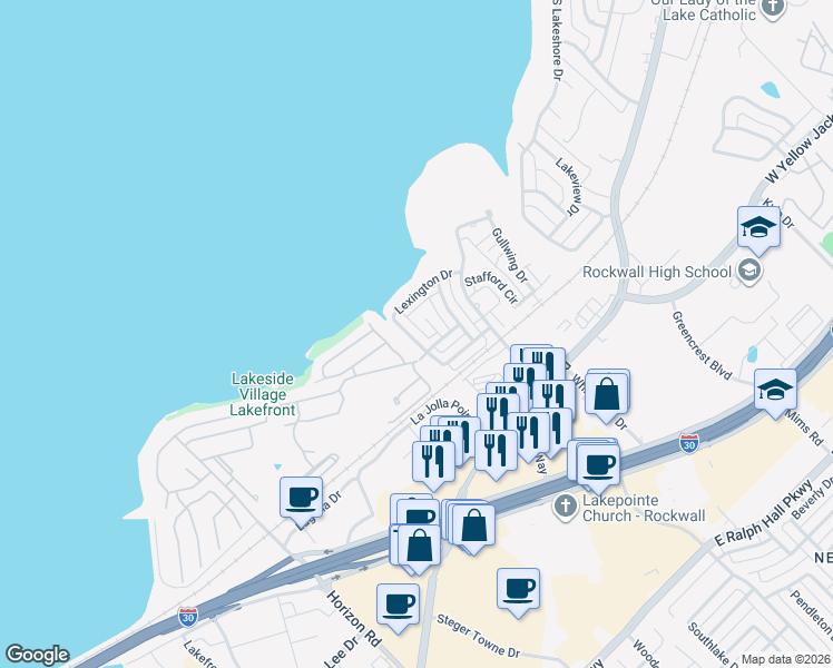 map of restaurants, bars, coffee shops, grocery stores, and more near 657 Channel Ridge Drive in Rockwall