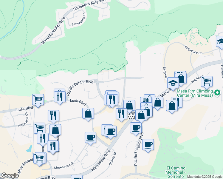 map of restaurants, bars, coffee shops, grocery stores, and more near 10145 Pacific Heights Boulevard in San Diego