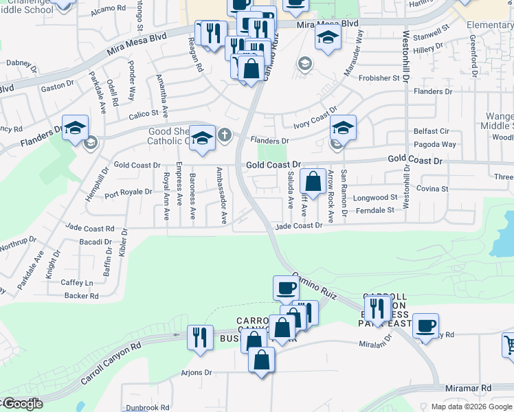 map of restaurants, bars, coffee shops, grocery stores, and more near Camino Ruiz & Jade Coast Road in San Diego