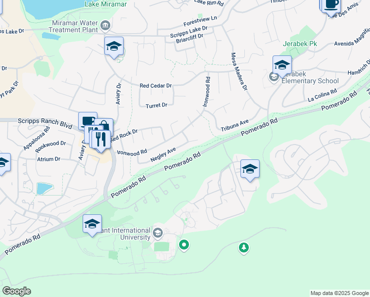 map of restaurants, bars, coffee shops, grocery stores, and more near 11131 Negley Avenue in San Diego