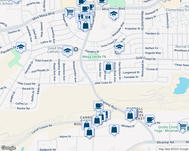 map of restaurants, bars, coffee shops, grocery stores, and more near 10151 Camino Ruiz in San Diego