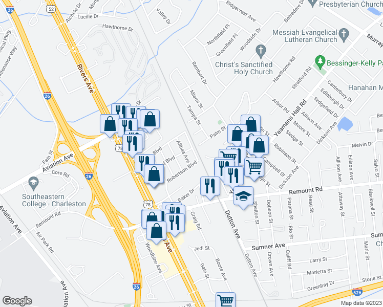 map of restaurants, bars, coffee shops, grocery stores, and more near 5835 Althea Avenue in North Charleston