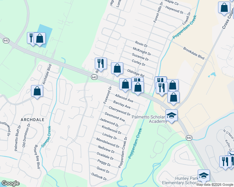 map of restaurants, bars, coffee shops, grocery stores, and more near 7736 Barclay Avenue in North Charleston