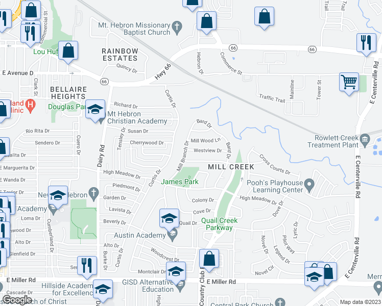 map of restaurants, bars, coffee shops, grocery stores, and more near 1302 Mill Crossing in Garland