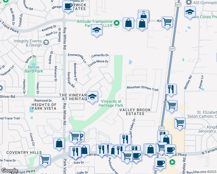 map of restaurants, bars, coffee shops, grocery stores, and more near 5524 Scotts Valley Street in Fort Worth