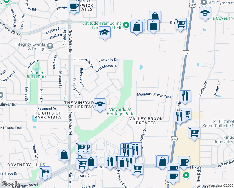map of restaurants, bars, coffee shops, grocery stores, and more near 5524 Scotts Valley Street in Fort Worth