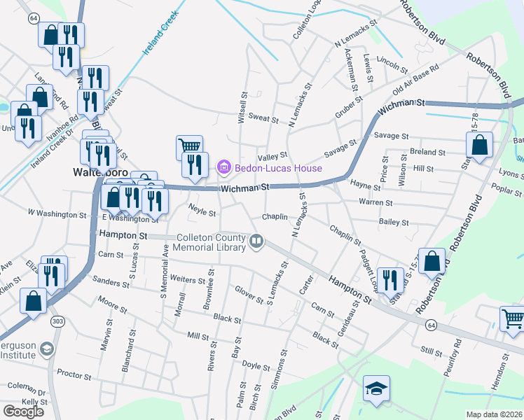 map of restaurants, bars, coffee shops, grocery stores, and more near 210 Chaplin in Walterboro