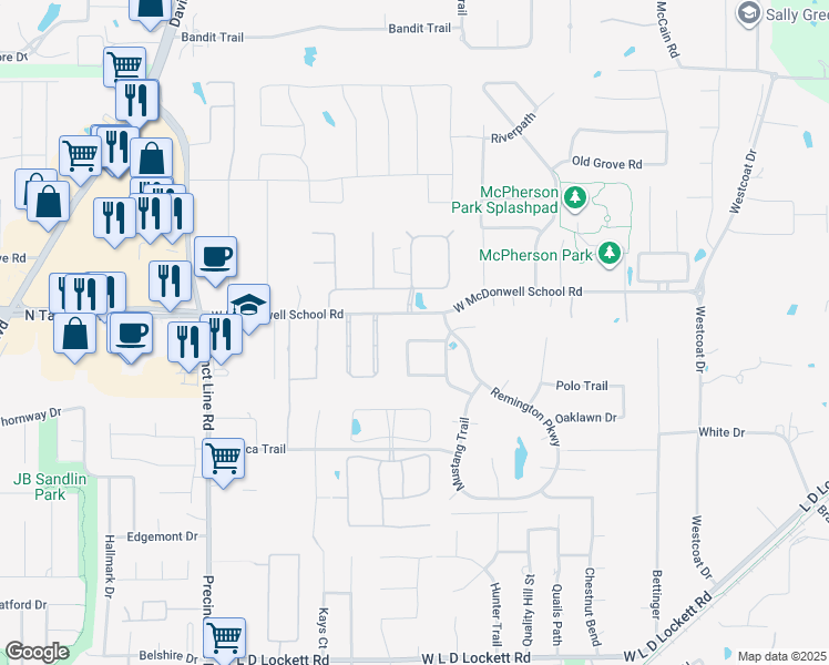map of restaurants, bars, coffee shops, grocery stores, and more near 609 Shetland Drive in Colleyville