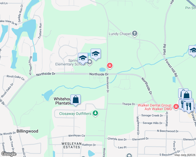 map of restaurants, bars, coffee shops, grocery stores, and more near 137 Braxton Drive in Macon