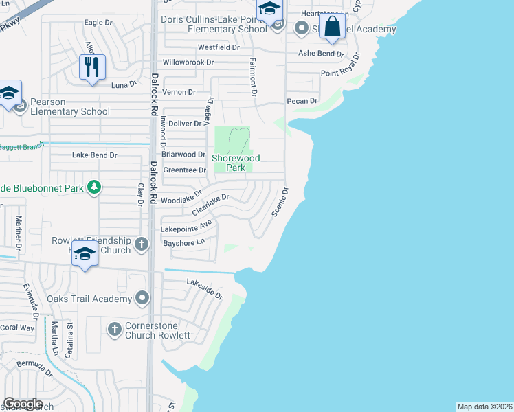 map of restaurants, bars, coffee shops, grocery stores, and more near 4618 Clearlake Drive in Rowlett