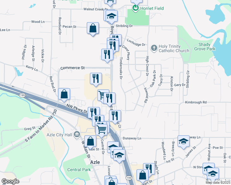 map of restaurants, bars, coffee shops, grocery stores, and more near 712 Boyd Road in Azle