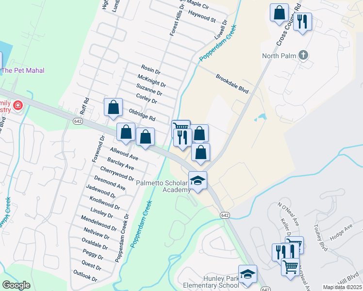 map of restaurants, bars, coffee shops, grocery stores, and more near 7550 Dorchester Road in North Charleston