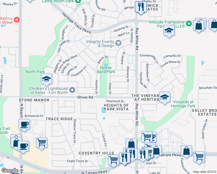 map of restaurants, bars, coffee shops, grocery stores, and more near 8941 Haas Drive in Fort Worth
