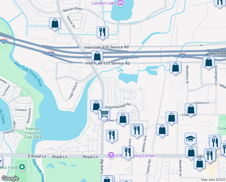 map of restaurants, bars, coffee shops, grocery stores, and more near 11700 Luna Road in Farmers Branch