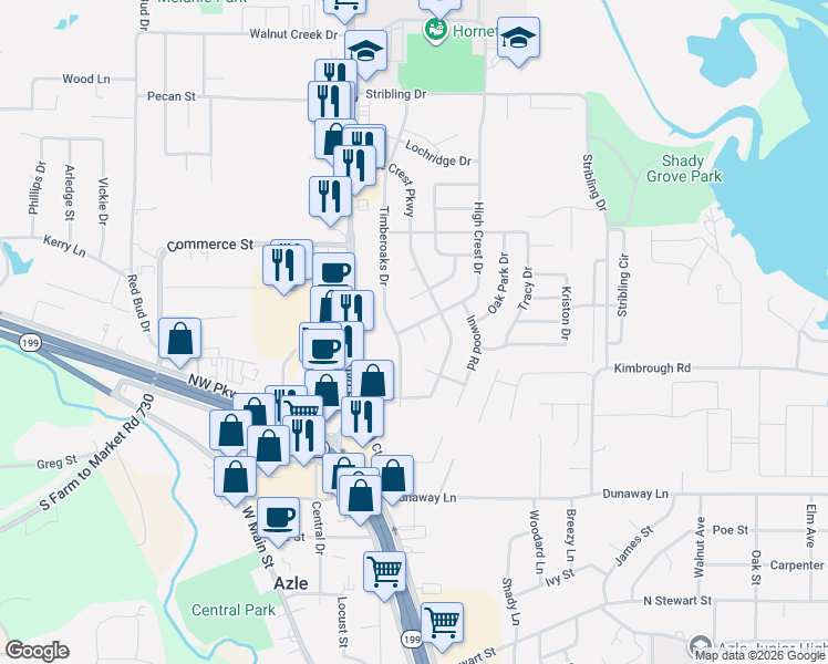 map of restaurants, bars, coffee shops, grocery stores, and more near 321 High Crest Drive in Azle