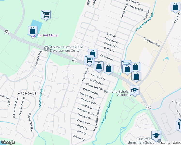 map of restaurants, bars, coffee shops, grocery stores, and more near 7751 Dorchester Road in North Charleston