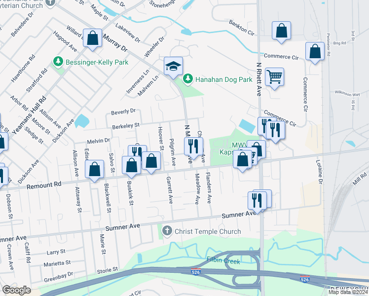map of restaurants, bars, coffee shops, grocery stores, and more near 5749 North Murray Avenue in Charleston
