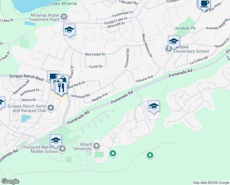 map of restaurants, bars, coffee shops, grocery stores, and more near 11150 Negley Avenue in San Diego