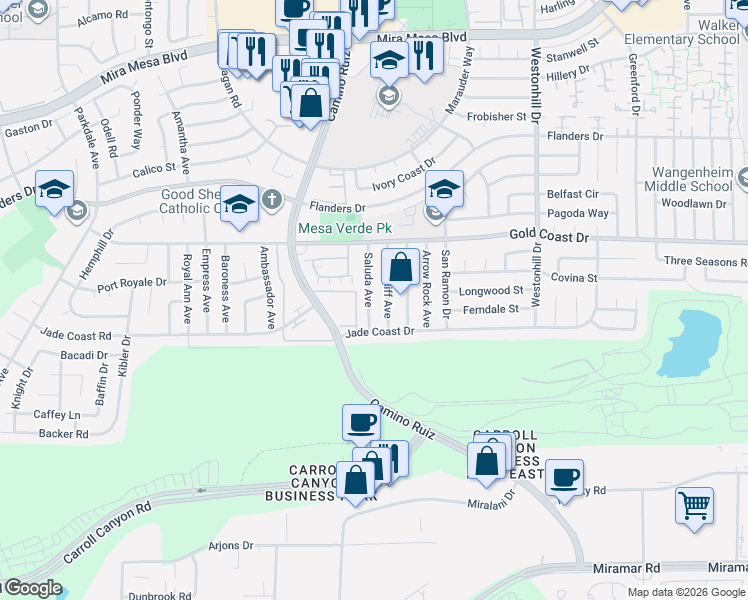 map of restaurants, bars, coffee shops, grocery stores, and more near 10241 Saluda Avenue in San Diego
