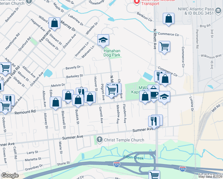 map of restaurants, bars, coffee shops, grocery stores, and more near 5749 North Murray Avenue in Charleston