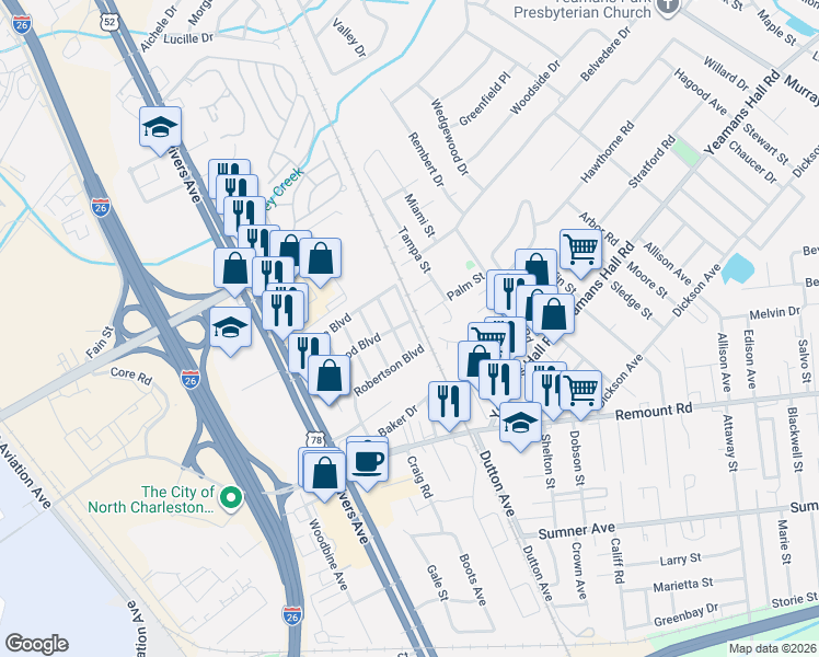 map of restaurants, bars, coffee shops, grocery stores, and more near 5871 Kirkwood Avenue in North Charleston